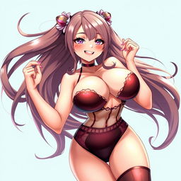 A stunning anime-style character with exaggerated features, including very large breasts, dressed in revealing lingerie that highlights her curves, with a playful and flirtatious expression