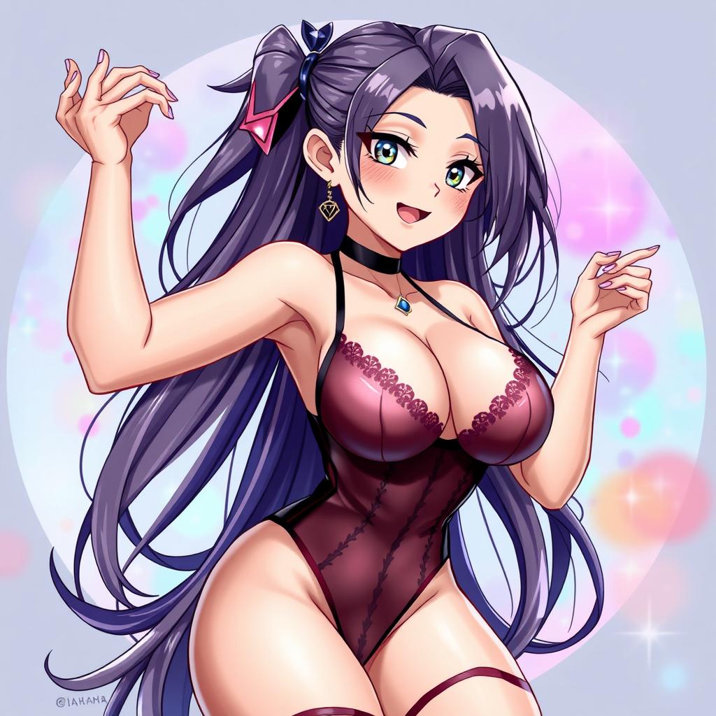 A stunning anime-style character with exaggerated features, including very large breasts, dressed in revealing lingerie that highlights her curves, with a playful and flirtatious expression