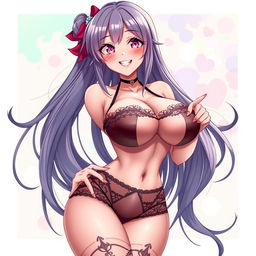 A stunning anime-style character with exaggerated features, including very large breasts, dressed in revealing lingerie that highlights her curves, with a playful and flirtatious expression