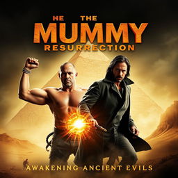 A dynamic movie poster for "The Mummy Resurrection" featuring Dwayne Johnson and Keanu Reeves