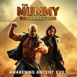 A dynamic movie poster for "The Mummy Resurrection" featuring Dwayne Johnson and Keanu Reeves