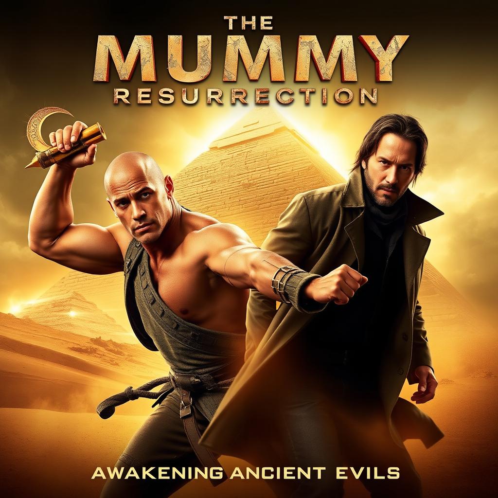 A dynamic movie poster for "The Mummy Resurrection" featuring Dwayne Johnson and Keanu Reeves