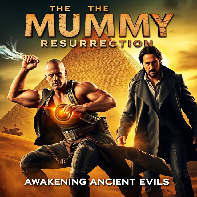 A dynamic movie poster for "The Mummy Resurrection" featuring Dwayne Johnson and Keanu Reeves