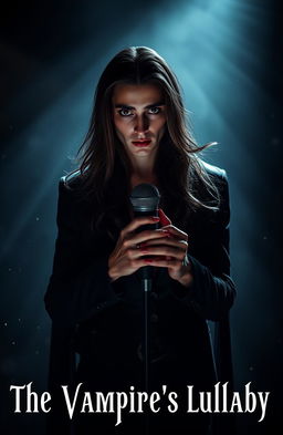 A strikingly attractive vampire with chiseled features and mesmerizing, deep-set eyes, residing in a shadowy, mystical environment