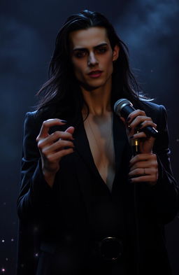 A strikingly attractive vampire with chiseled features and mesmerizing, deep-set eyes, residing in a shadowy, mystical environment