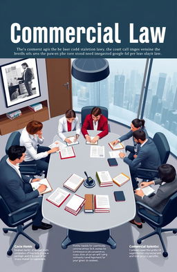 A visually engaging and informative representation of commercial law, showcasing various aspects of legal practices in business
