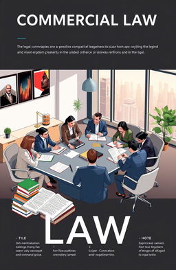 A visually engaging and informative representation of commercial law, showcasing various aspects of legal practices in business