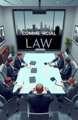 A visually engaging and informative representation of commercial law, showcasing various aspects of legal practices in business
