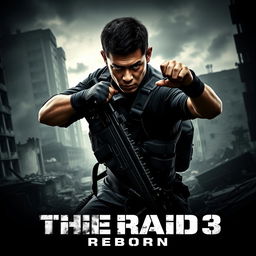 A dramatic movie poster for 'THE RAID 3: REBORN', featuring the intense action star Iko Uwais in a dynamic pose