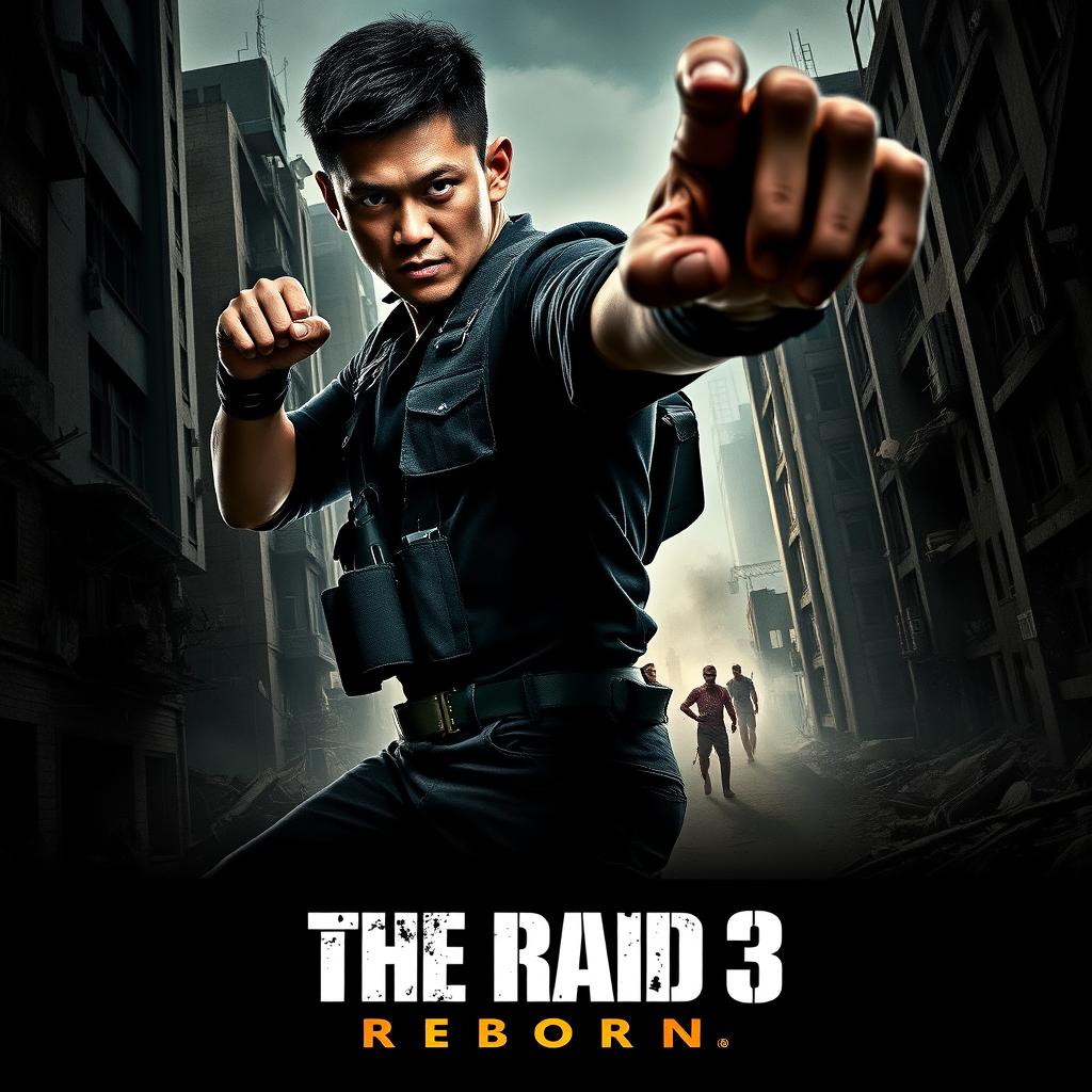 A dramatic movie poster for 'THE RAID 3: REBORN', featuring the intense action star Iko Uwais in a dynamic pose