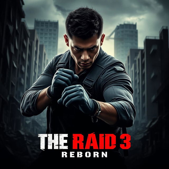 A dramatic movie poster for 'THE RAID 3: REBORN', featuring the intense action star Iko Uwais in a dynamic pose