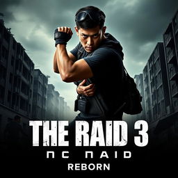 A dramatic movie poster for 'THE RAID 3: REBORN', featuring the intense action star Iko Uwais in a dynamic pose