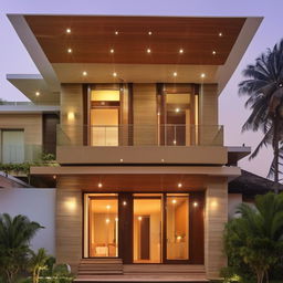 Double-storey minimalist Kerala house with toughened glass windows. A private balcony on the left side of the first floor surrounded by wall lights on the sunshade. A teak wood main entrance on the right side of the ground floor