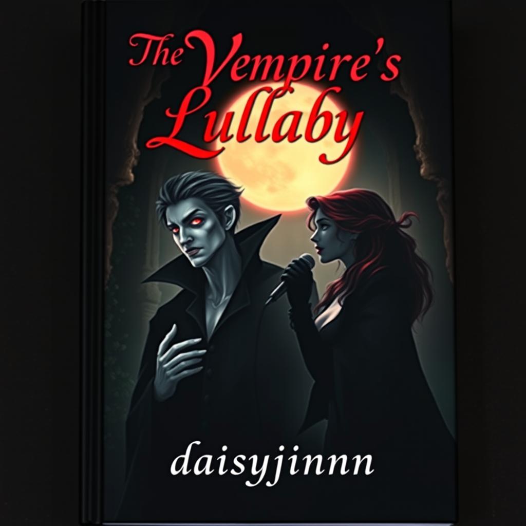 An enchanting vampire book cover showcasing a captivating vampire who dwells in the darkness, characterized by their haunting beauty, pale skin, and striking red eyes