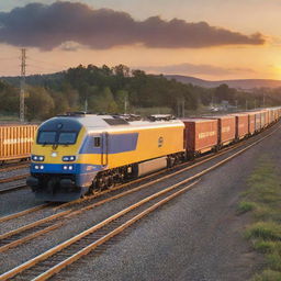 An electric freight train speeding along the track; a modern mechanical marvel presenting a cleaner alternative for heavy transportation. On board, numerous brightly colored containers, reflecting the setting sun over a tranquil landscape