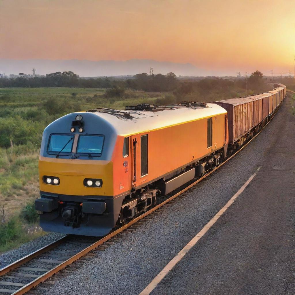 An electric freight train speeding along the track; a modern mechanical marvel presenting a cleaner alternative for heavy transportation. On board, numerous brightly colored containers, reflecting the setting sun over a tranquil landscape