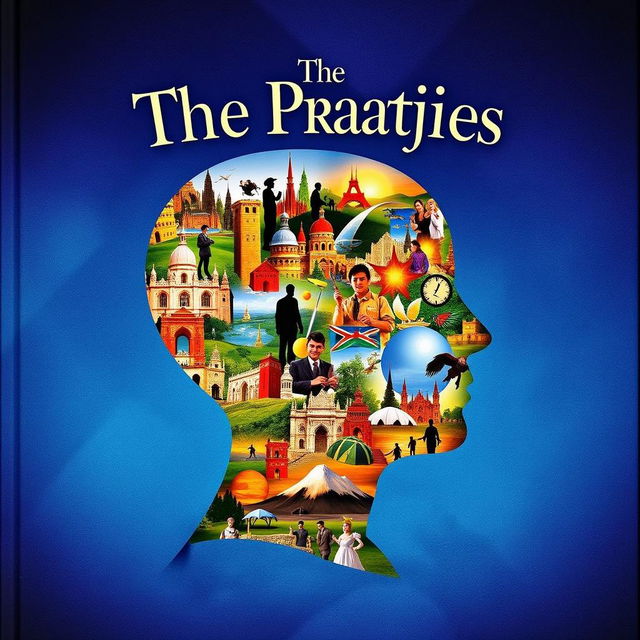 A colorful and intricate book cover design for 'The Praatjies', featuring a silhouette of a human head filled with various iconic images representing different cultures, landmarks, and historical elements