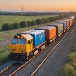 An electric freight train speeding along the track; a modern mechanical marvel presenting a cleaner alternative for heavy transportation. On board, numerous brightly colored containers, reflecting the setting sun over a tranquil landscape