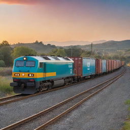 An electric freight train speeding along the track; a modern mechanical marvel presenting a cleaner alternative for heavy transportation. On board, numerous brightly colored containers, reflecting the setting sun over a tranquil landscape