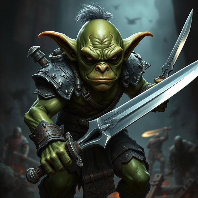 A serious goblin warrior, featuring a fierce expression that conveys determination and readiness for battle