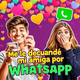 A captivating YouTube thumbnail design focusing on the phrase 'Me le declaré a mi amiga por Whatsapp'