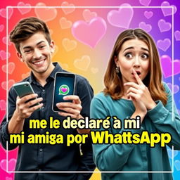 A captivating YouTube thumbnail design focusing on the phrase 'Me le declaré a mi amiga por Whatsapp'