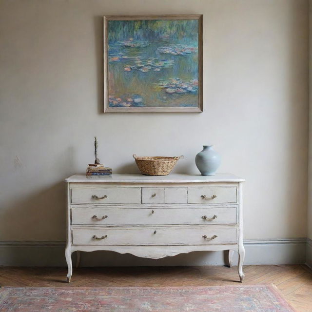 Create an image showcasing a minimalistic room just housing a drawer and a painting, composed in the impressionistic style of Claude Monet. Vibrant strokes, light, and tone manifest in the room's dynamics, highlighting the illustrious painting and elegant drawer.