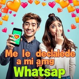 A captivating YouTube thumbnail design focusing on the phrase 'Me le declaré a mi amiga por Whatsapp'