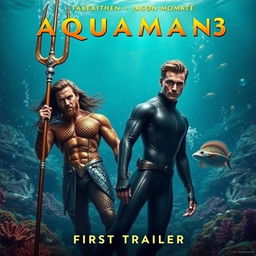 A dramatic and intense movie poster for "Aquaman 3 (2025) - First Trailer" featuring Timothée Chalamet and Jason Momoa