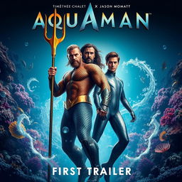 A dramatic and intense movie poster for "Aquaman 3 (2025) - First Trailer" featuring Timothée Chalamet and Jason Momoa