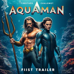 A dramatic and intense movie poster for "Aquaman 3 (2025) - First Trailer" featuring Timothée Chalamet and Jason Momoa