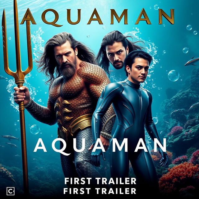 A dramatic and intense movie poster for "Aquaman 3 (2025) - First Trailer" featuring Timothée Chalamet and Jason Momoa