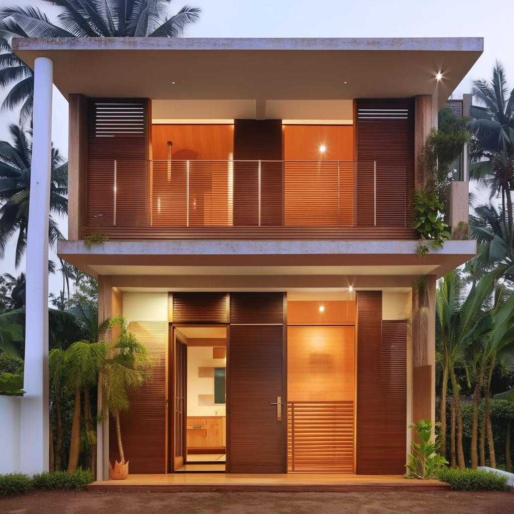 Double-storey minimalist Kerala house with toughened glass windows. A private balcony on the left side of the first floor surrounded by wall lights on the sunshade. A teak wood main entrance on the right side of the ground floor