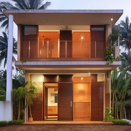 Double-storey minimalist Kerala house with toughened glass windows. A private balcony on the left side of the first floor surrounded by wall lights on the sunshade. A teak wood main entrance on the right side of the ground floor