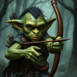 A serious goblin archer, embodying a focused and intense demeanor