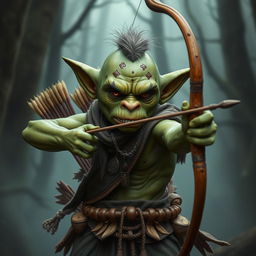 A serious goblin archer, embodying a focused and intense demeanor