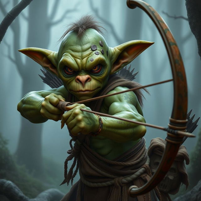 A serious goblin archer, embodying a focused and intense demeanor