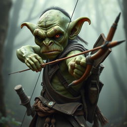 A serious goblin archer, embodying a focused and intense demeanor