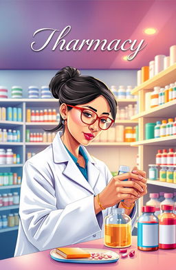 A captivating book cover illustration featuring a pharmacist in a modern pharmacy preparing medicine with precision