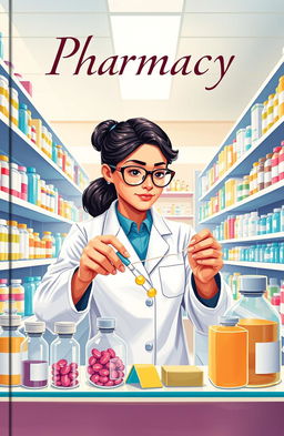 A captivating book cover illustration featuring a pharmacist in a modern pharmacy preparing medicine with precision