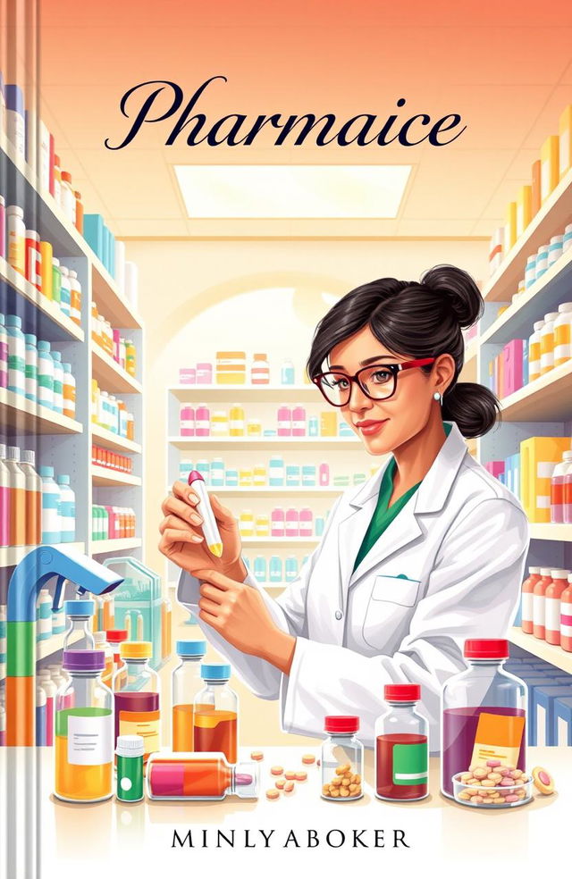 A captivating book cover illustration featuring a pharmacist in a modern pharmacy preparing medicine with precision