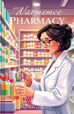 A captivating book cover illustration featuring a pharmacist in a modern pharmacy preparing medicine with precision