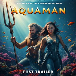 A captivating movie poster for "Aquaman 3 (2025) - First Trailer" featuring Timothée Chalamet and Jason Momoa