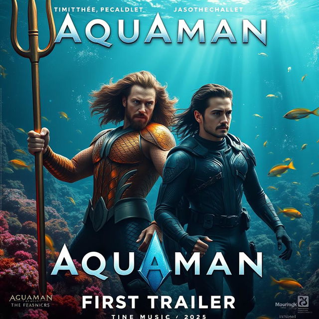 A captivating movie poster for "Aquaman 3 (2025) - First Trailer" featuring Timothée Chalamet and Jason Momoa