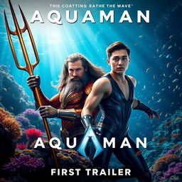 A captivating movie poster for "Aquaman 3 (2025) - First Trailer" featuring Timothée Chalamet and Jason Momoa