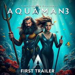 A captivating movie poster for "Aquaman 3 (2025) - First Trailer" featuring Timothée Chalamet and Jason Momoa