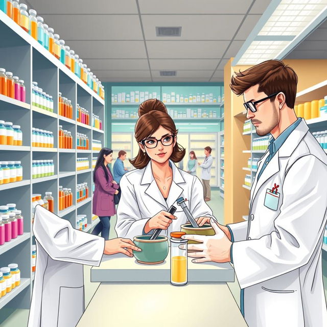 A detailed and vibrant illustration of pharmacists in a modern pharmacy setting, diligently preparing medicine for a pharmaceutics book cover