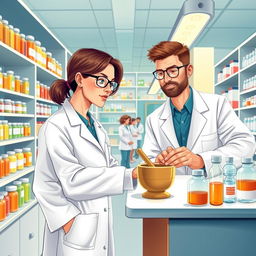 A detailed and vibrant illustration of pharmacists in a modern pharmacy setting, diligently preparing medicine for a pharmaceutics book cover