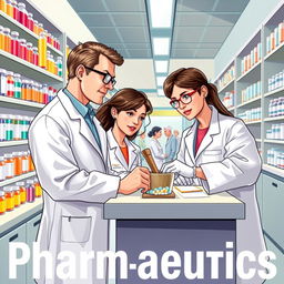 A detailed and vibrant illustration of pharmacists in a modern pharmacy setting, diligently preparing medicine for a pharmaceutics book cover