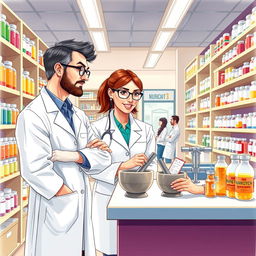 A detailed and vibrant illustration of pharmacists in a modern pharmacy setting, diligently preparing medicine for a pharmaceutics book cover